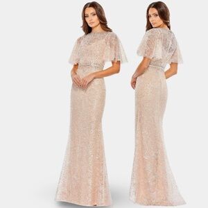 Mac Duggal Embellished Neck Butterfly Sleeve Trumpet Gown, 20368, Blush, Size 14